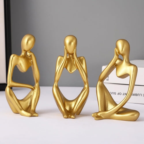 Abstract Thinker Men Statue Set of 3 Gold